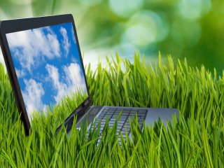 Laptop in a field of green grass